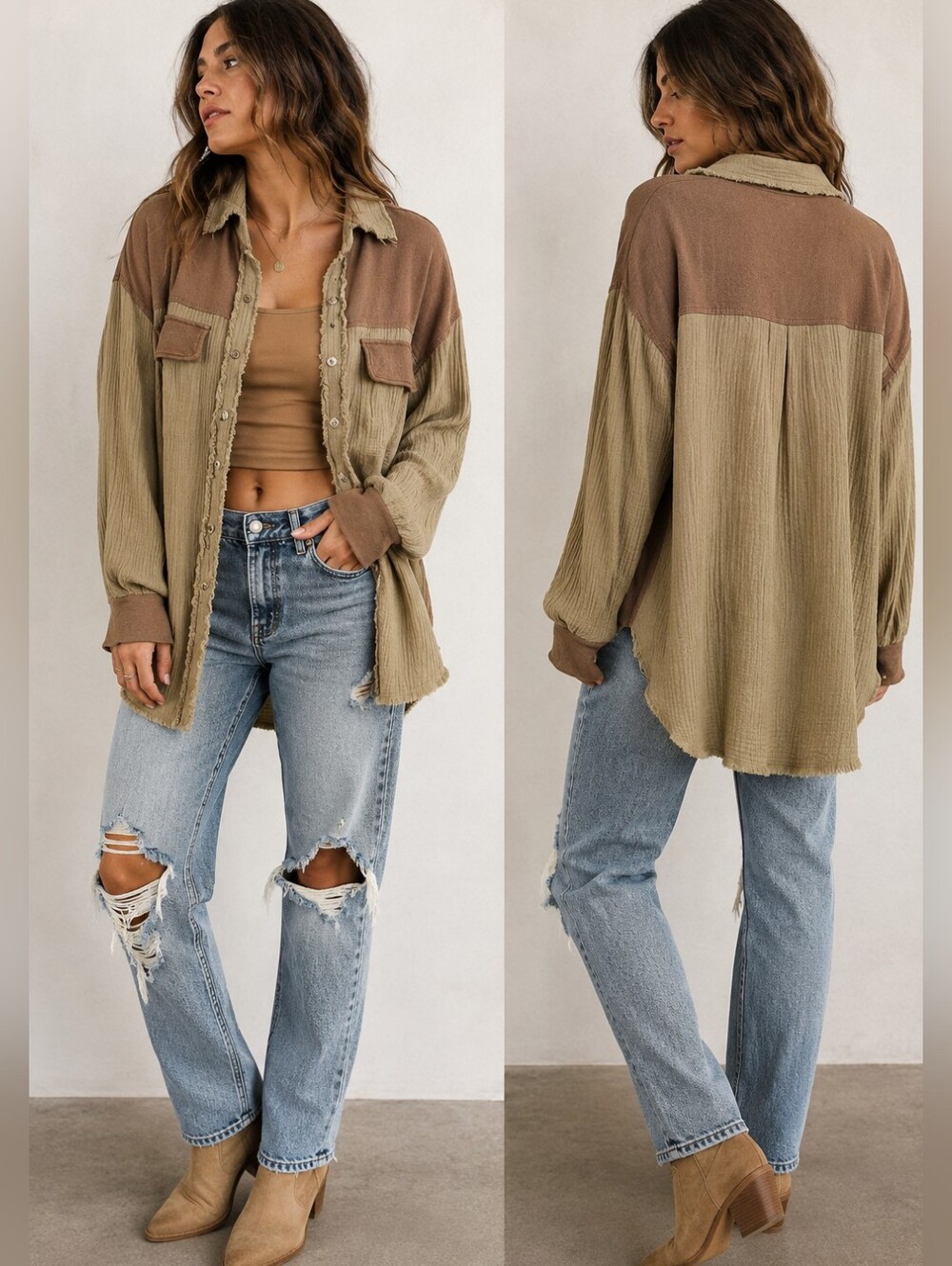 The Nines Two-Tone Beige Brown Button-Up Shirt